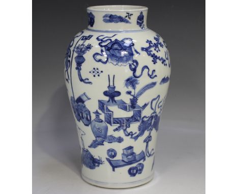 A Chinese blue and white porcelain vase, late 19th/early 20th century, the baluster body painted with precious objects, vesse