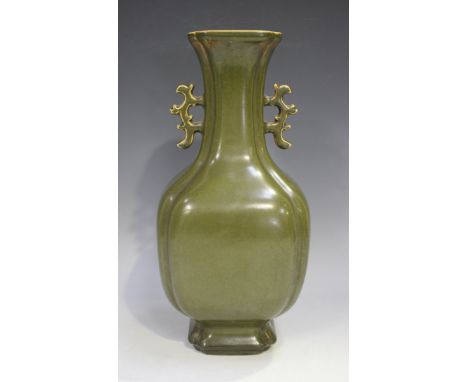 A Chinese teadust glazed stoneware vase, mark of Qianlong but probably 20th century, of fluted square form with flared narrow