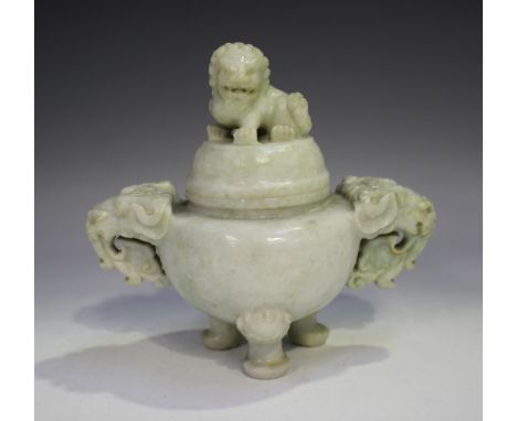 A Chinese jade censer and cover, 20th century, the squat circular body flanked by carved elephant handles, on three carved ma