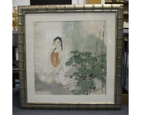 Jiang Chao (b. 1958) - a Chinese watercolour portrait of a young woman kneeling beside paulownia branches, black signature an