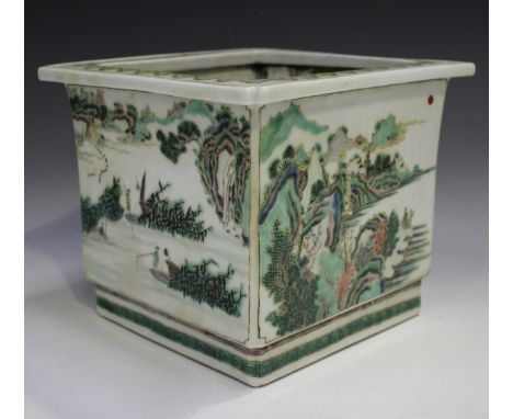 A Chinese famille verte porcelain jardinière, Kangxi style but modern, of square form, painted with landscape panels, height 