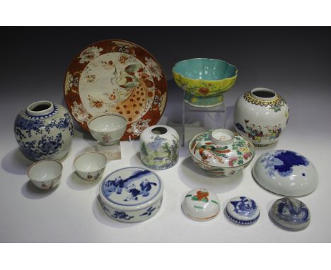 A small group of Chinese and Japanese ceramics, 19th century and later, including a Chinese yellow ground porcelain bowl, mar