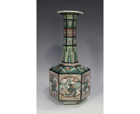 A Chinese famille verte porcelain bottle vase, mark of Kangxi but late 19th century, of hexagonal form, the body painted with