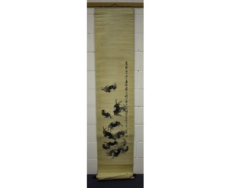 Two Chinese ink wash paintings on paper, in the style of Qi Baishi, one depicting shrimps, 62cm x 29.5cm, the other with crab
