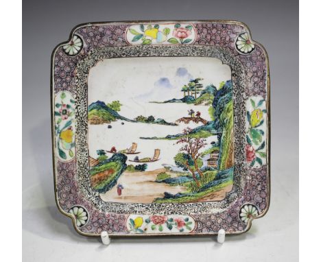 A Chinese Canton enamel square tray, Qianlong period, the central well painted with figures and boats in a landscape, the cav