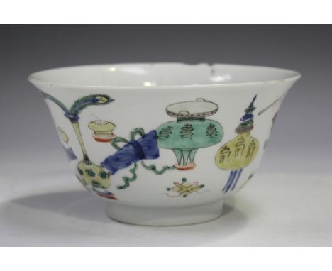 A Chinese famille verte porcelain bowl, mark of Chenghua but Kangxi period, of steep sided circular form with slightly flared