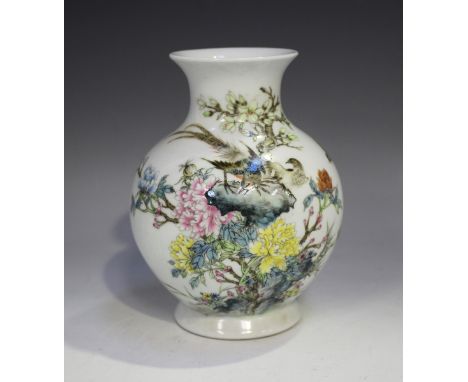 A Chinese famille rose porcelain vase, 20th century, the globular body and short flared neck enamelled with a pair of pheasan