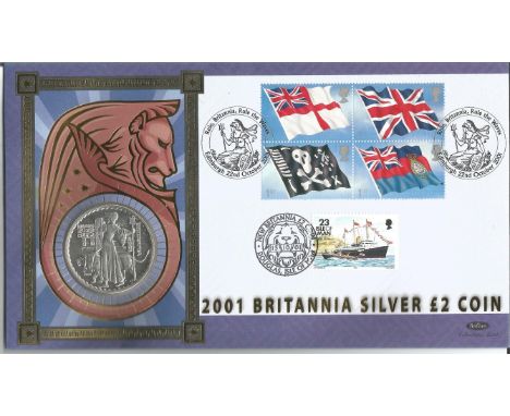 2001 Britannia Silver £2 Coin Benham cover. A £2 Britannia Silver coin, on the reverse combines Britannia, now shown wearing 