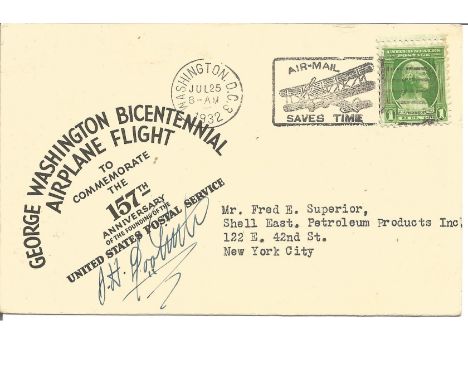 Gen J Doolittle signed 1932 George Washington Bicentennial Shell Airplane Flight card. Washington DC Air Mail Saves Time CDS 