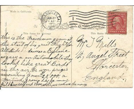 1910 Paulhan Record Breaking Altitude flight vintage postcard with historically significant handwritten note to back to Worce