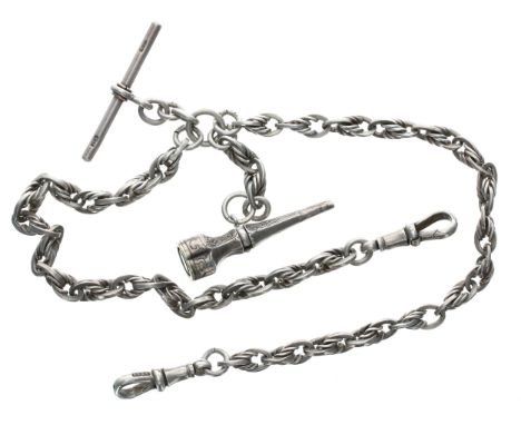 Silver double watch Albert chain, with silver T-bar, two silver clasps and fob, 15.5'' approx, 48.7gm 