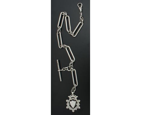 Silver figaro link watch Albert chain with silver medallion fob, silver clasp and silver T-bar, 14.125'' long approx includin