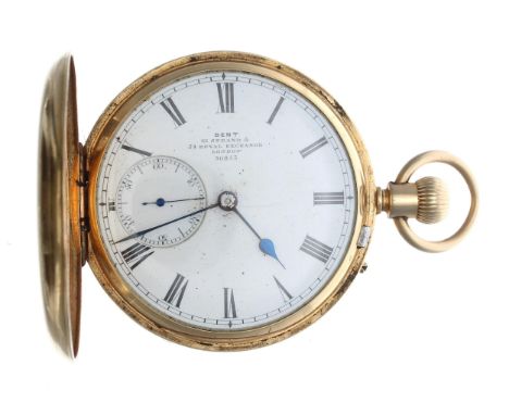 Victorian 18ct lever hunter pocket watch by Dent, London 1874, gilt three quarter plate movement with blued steel screws, sig