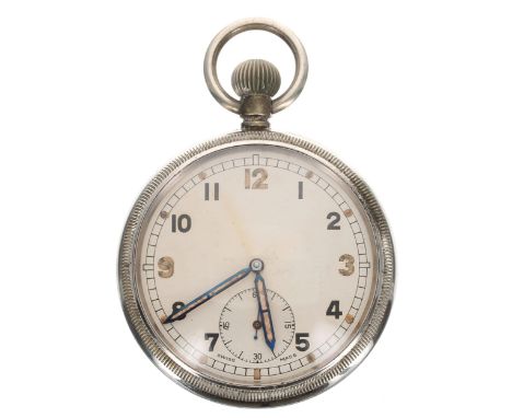 British Military Army issue nickel cased lever pocket watch, unsigned 15 jewel movement, silvered dial with Arabic numerals, 