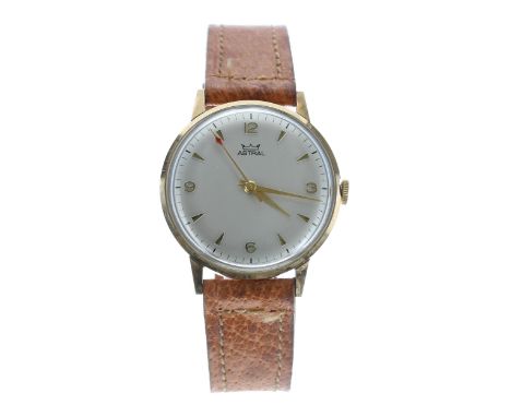 Smiths Astral 9ct gentleman's wristwatch, circa early 1970s, silvered dial with Arabic quarter numerals, baton marker and red
