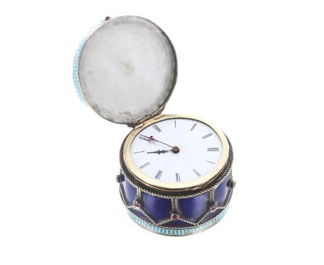 Unusual novelty enamel cylinder fob watch in the form of a drum, the two tone blue enamel gem set 'drum' case with hinged top