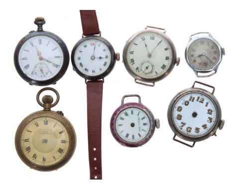 Assortment of watches for repair to include two silver wire-lug wristwatches, gun metal fob watch, enamel wire-lug wristwatch