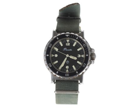 Rare Precista British Military Royal Navy diver's stainless steel wristwatch, circa 1989, black dial with circled T for Triti