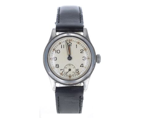 British Military Army issue mid-size stainless steel gentleman's wristwatch, silvered dial with Arabic numerals, minute track