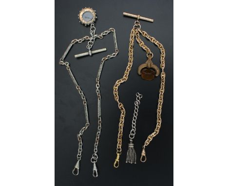 Fancy link solver plated double watch Albert chain with compass,&nbsp;T-bar and two clasps, 17.75'' long approx; together wit