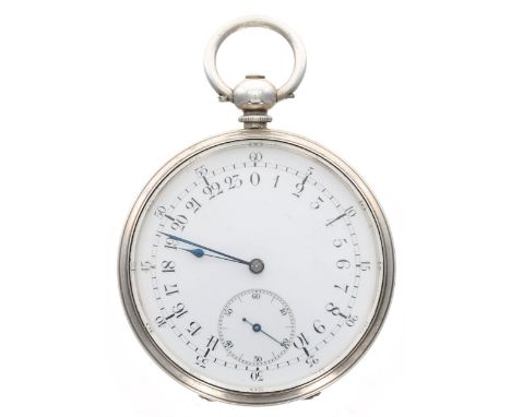 Interesting white metal 24 hour dial cylinder engine turned pocket watch, gilt frosted bar cylinder movement, the cuvette ins