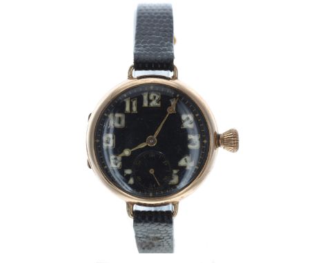 Rode Watch Co. WWI period 9ct wire-lug gentleman's wristwatch, Birmingham 1918, circular black dial with luminous Arabic nume