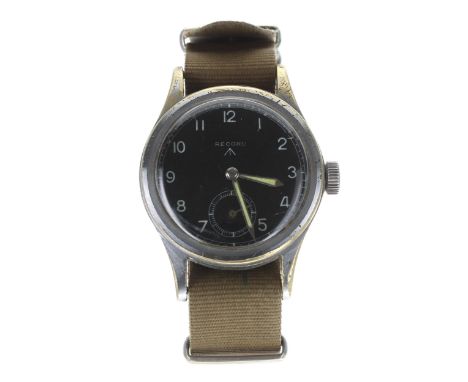 Record British Military issue gentleman's wristwatch, circa 1940s, black dial with Arabic numerals, minute track and subsidia