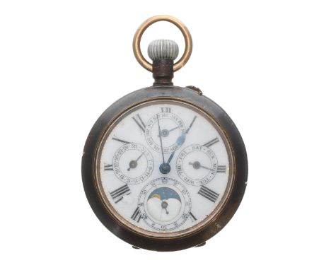 Gunmetal calendar moon phase lever pocket watch for repair, 51mm-Movement not functioning and over wound - requires repair, m