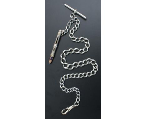 Graduated curb link watch Albert chain,&nbsp;with propelling pencil, T-bar marked 'Albo Silver NCR Co Reg' and plated clasp, 