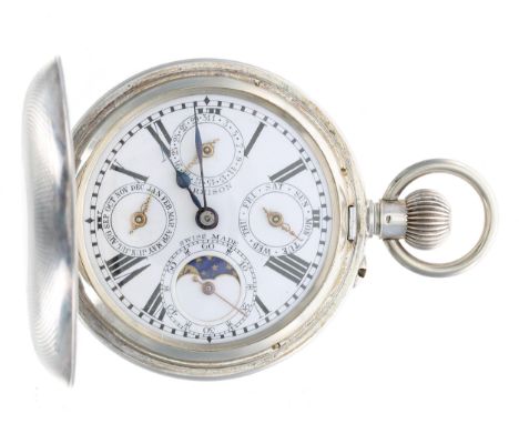 Silver (0.800) calendar moon phase lever hunter pocket watch, gilt frosted bar lever movement, the dial signed Harrison with 
