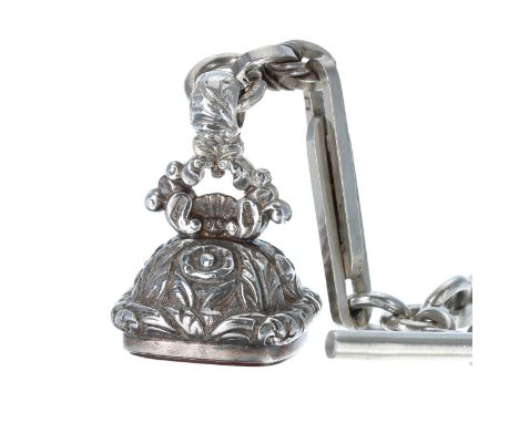 Good silver fancy link watch Albert chain with silver clasp, silver T-bar and silver and bloodstone fob, 15'' long approx inc