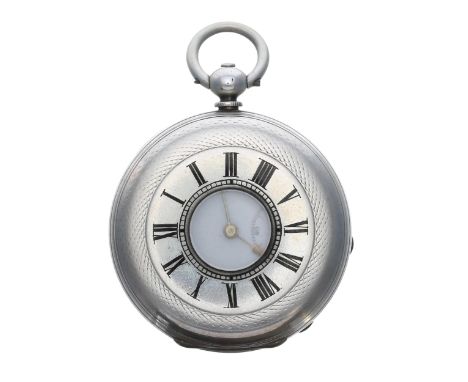 Silver cylinder half hunter engine turned fob watch, gilt frosted bar cylinder movement, the dial with Roman numerals, minute