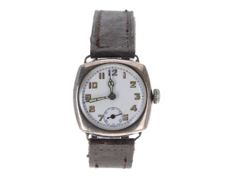 Silver wire-lug cushion cased gentleman's wristwatch, import hallmarks Edinburgh 1926, enamel dial with Arabic numerals, minu