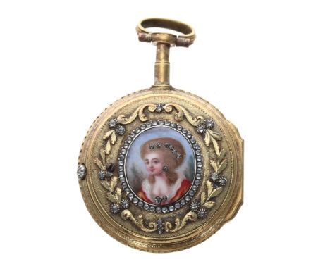 Attractive small French gilt metal and enamel verge pocket watch signed Romilly, Paris, the fusee movement signed Romilly, A 