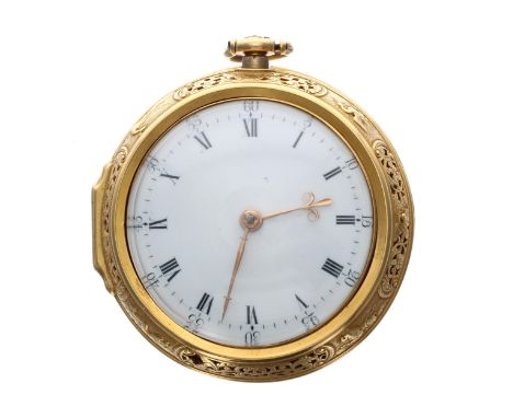 Fine 18th century English gold repoussé plunge repeating pair cased verge pocket watch, the gilt fusee movement signed John G