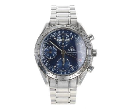 Omega Speedmaster Chronograph automatic stainless steel gentleman's wristwatch, serial no. 5975xxxx, circa 1999, blue dial, O