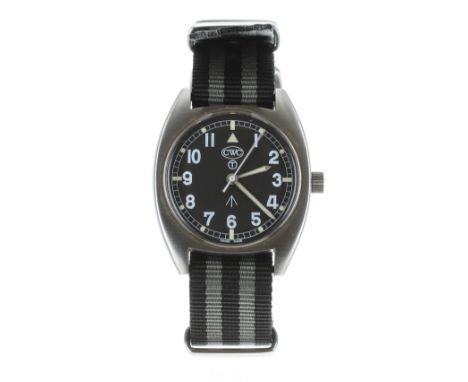 CWC Military issue stainless steel gentleman's wristwatch, the circular black dial with broad arrow and circled 'T' for Triti