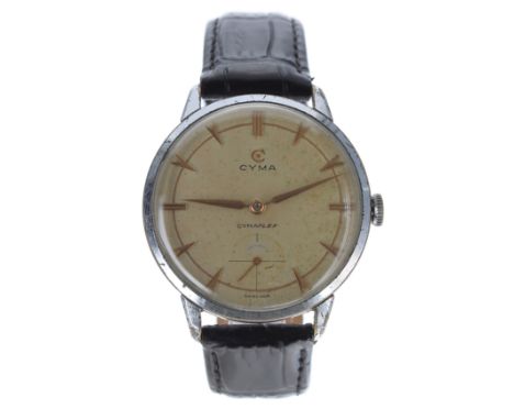 Cyma Cymaflex over-sized nickel plated and stainless steel gentleman's wristwatch, circular silvered dial with gilt applied h
