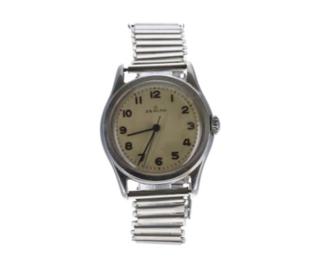 Zenith Military style mid-size stainless steel gentleman's wristwatch, serial no. 4191xxx, silvered dial with Arabic numerals
