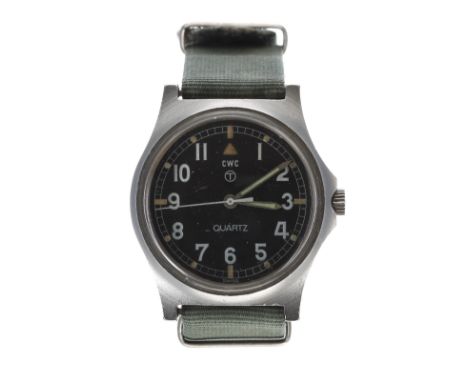 CWC Quartz British Military Army issue stainless steel gentleman's wristwatch, circa 1981, black dial with Arabic numerals, m