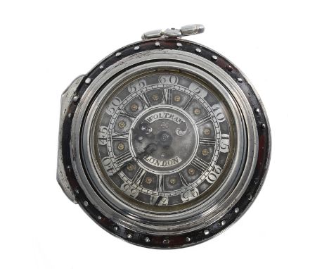 18th century white metal triple cased verge pocket watch, the fusee movement signed Woltram, London with silvered pierced eng