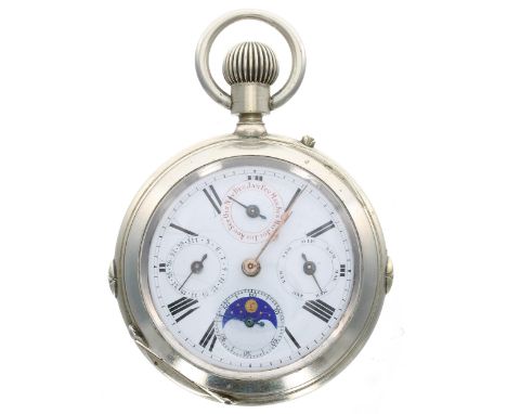 Swiss nickel cased calendar cylinder pocket watch, the dial with Roman numerals, minute track, subsidiary French day, date, m