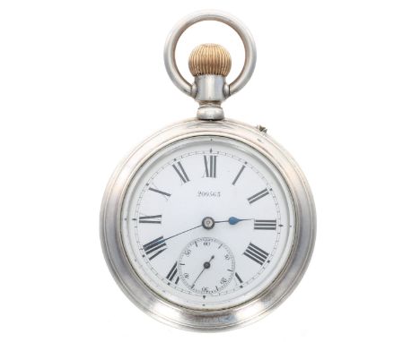 Nickel cased double-sided chronograph pocket watch, the dial numbered 200563, with Roman numerals, minute track and subsidiar