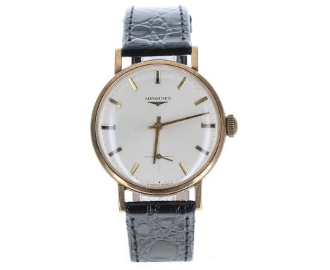 Longines 9ct gentleman's wristwatch, signed silvered dial with baton markers and subsidiary seconds dial, manual wind movemen