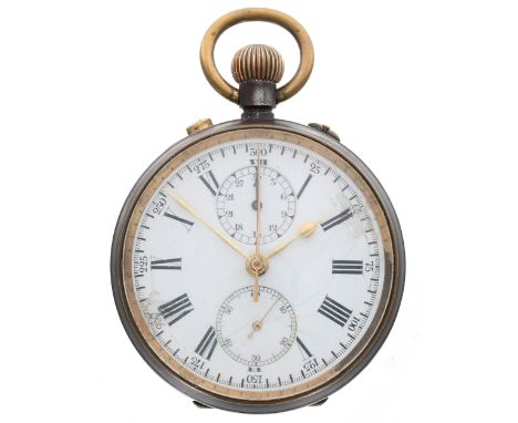 Swiss gunmetal split centre seconds chronograph lever pocket watch, frosted movement, the dial with Roman numerals, outer 25/