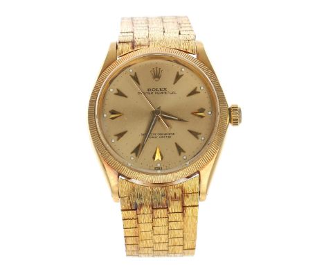 Rolex Oyster Perpetual 18ct gentleman's wristwatch, ref. 1023, serial no. 1136xxx, circa 1964, milled bezel, gilt dial with d