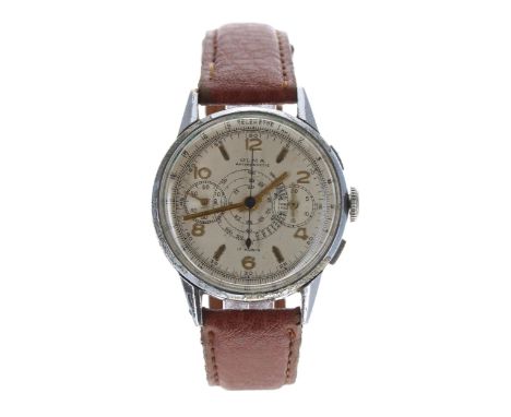 Olma chronograph gentleman's wristwatch, silvered dial with Arabic numerals, outer telemetre scale, subsidiary thirty minute 