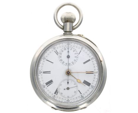 Nickel cased centre seconds chronograph lever pocket watch, frosted movement, the dial with Roman numerals, outer 25/300 scal