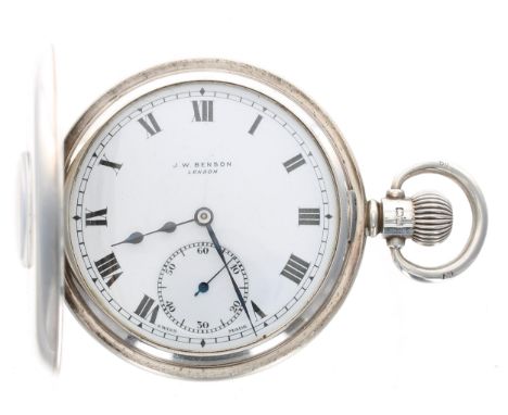 J.W. Benson silver lever half hunter pocket watch, Birmingham 1935, signed 15 jewel movement, ref. 936a, signed dial with Rom