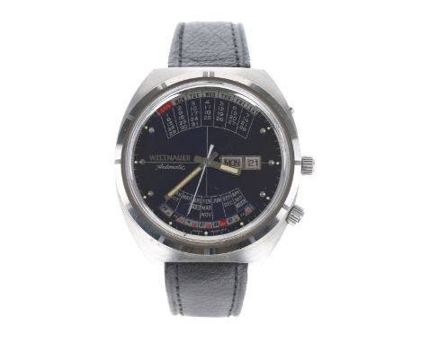 Wittnauer ''2000'' calendar automatic stainless steel gentleman's wristwatch, navy blue dial with day/date apertures at the t